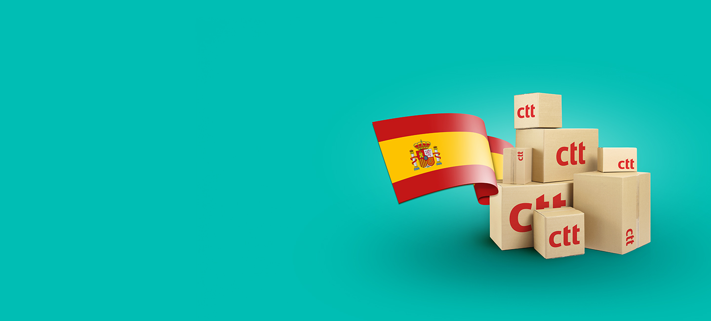 Imagem ilustrativa de caixas de encomendas e da bandeira espanhola