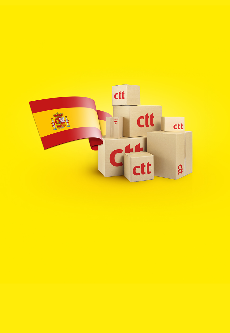 Imagem ilustrativa de caixas de encomendas e da bandeira espanhola
