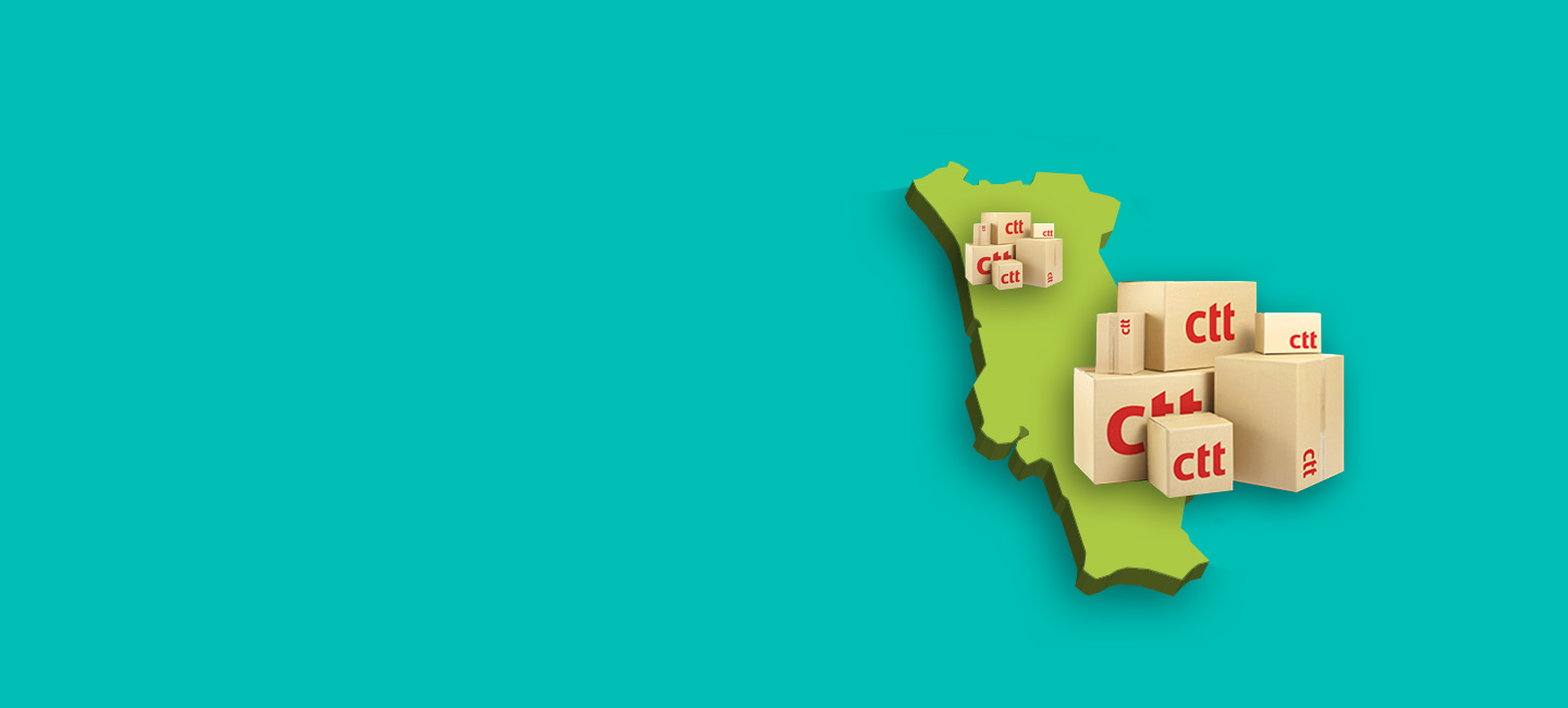 Imagem de Portugal Continental com caixas de encomendas.