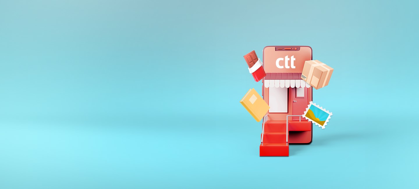 Telemóvel com uma Loja CTT a ocupar o ecrâ que representa a Loja Online.