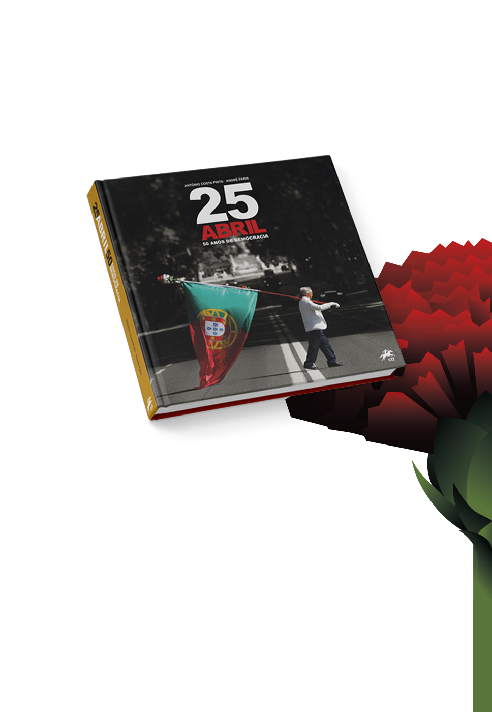 Livro e cravo que representam o 25 de Abril.