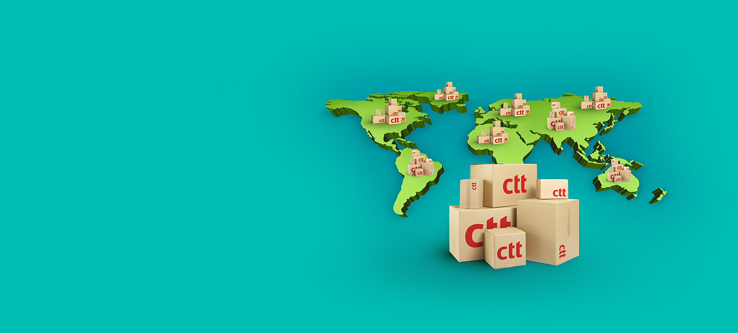 Imagem ilustrativa de um mapa mundo com caixas de encomenda ao lado