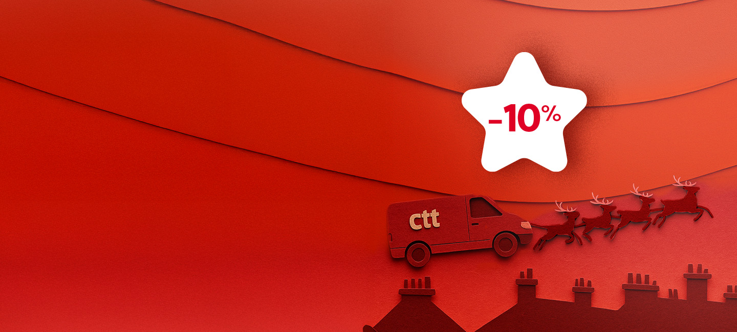 Renas a puxarem a Carrinha CTT. Fundo encarnado. Estrela com 10%de desconto