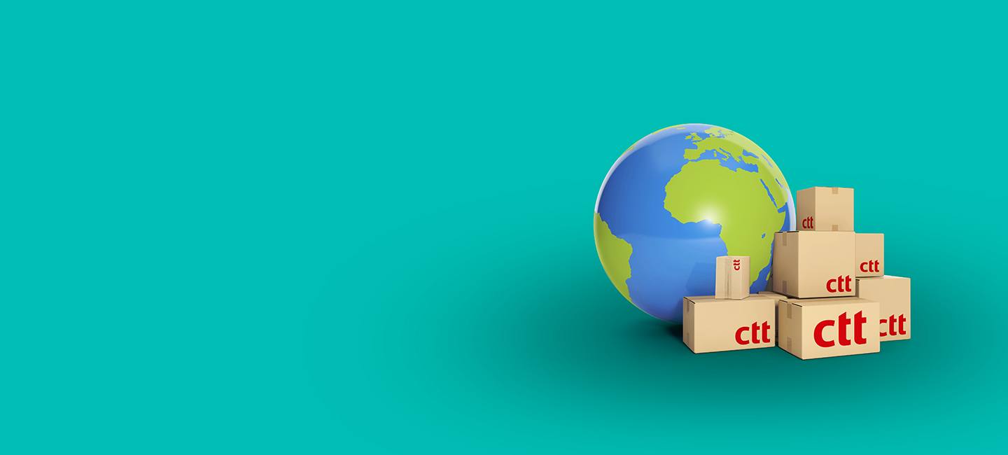 Imagem de um globo terrestre com caixas de encomendas ao lado