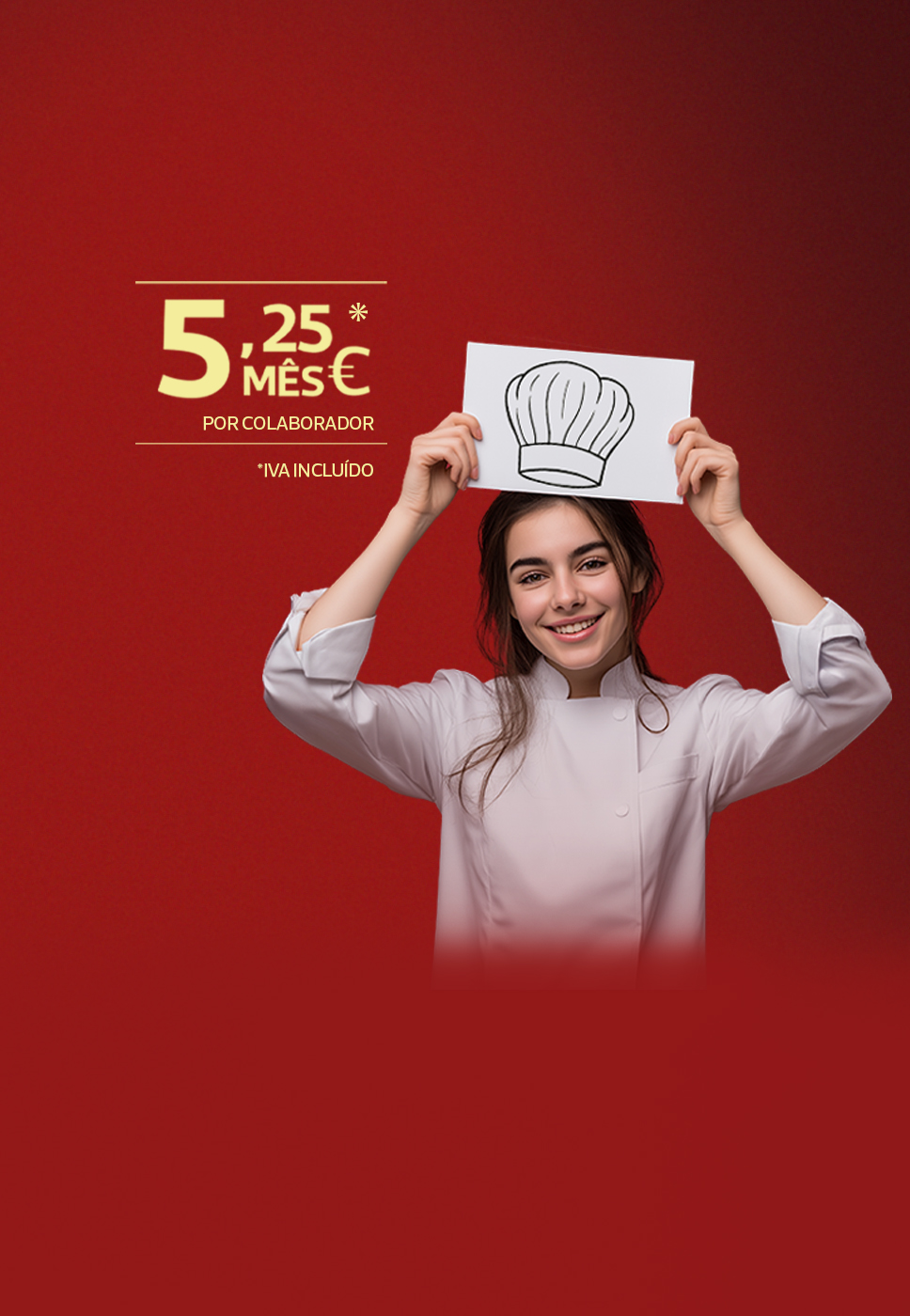 Jovem com bata de chef e surge do lado esquerdo o preço 