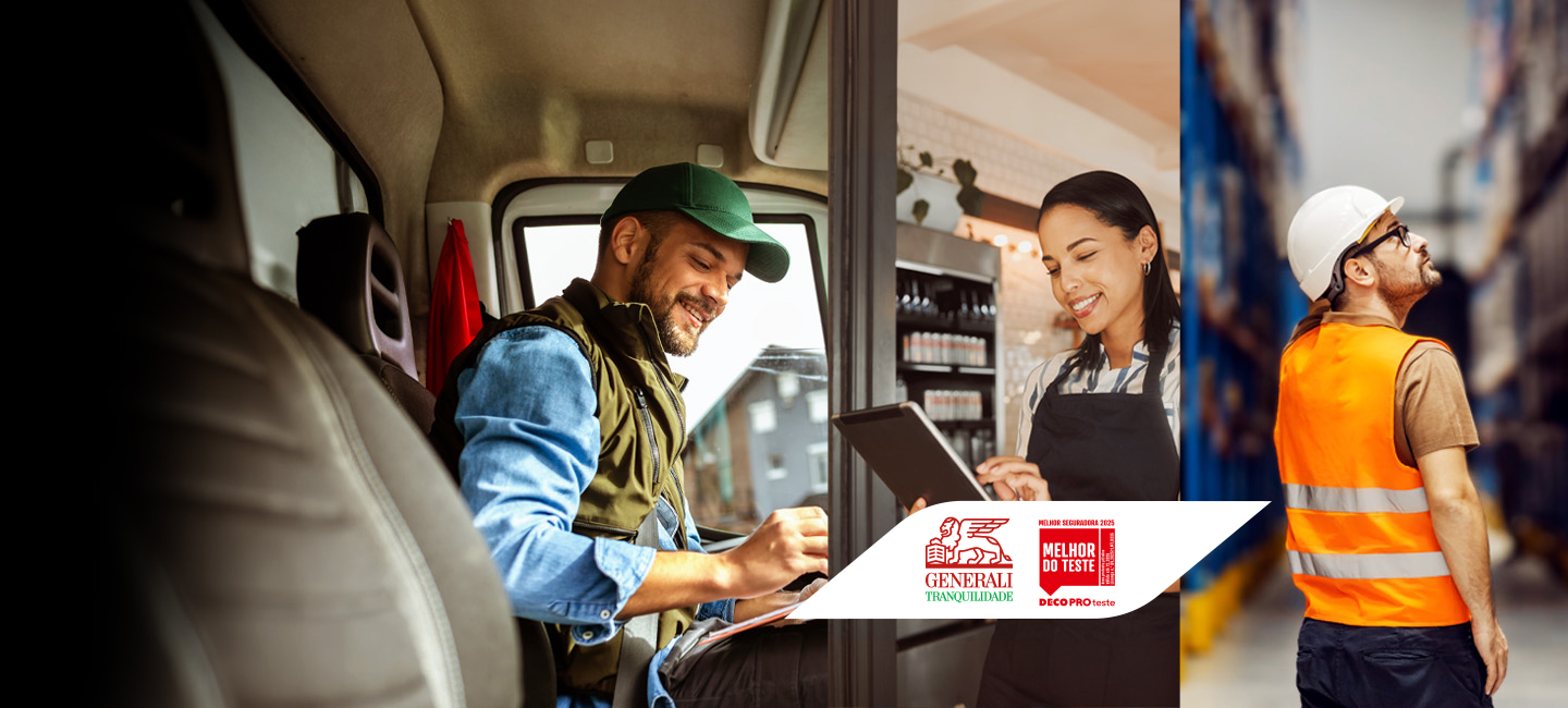 3 indivíduos que representam 3 profissões diferentes: camionista, lojista e engenheiro