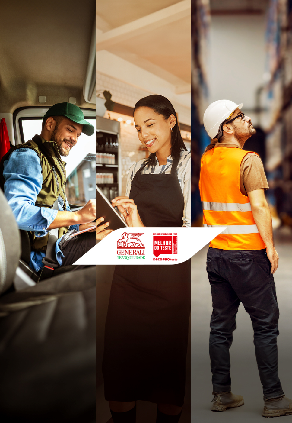 3 indivíduos que representam 3 profissões diferentes: camionista, lojista e engenheiro