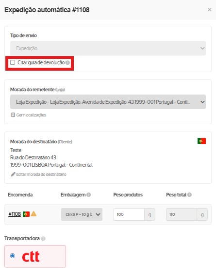 instruções para Criar devolução durante o processo de expedição 