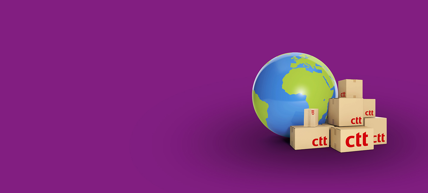 Imagem de um globo terrestre com caixas de encomendas ao lado