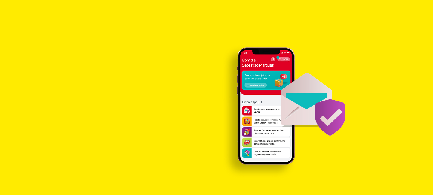 Smartphone com apps visíveis e ícone de envelope com símbolo de verificação em destaque.