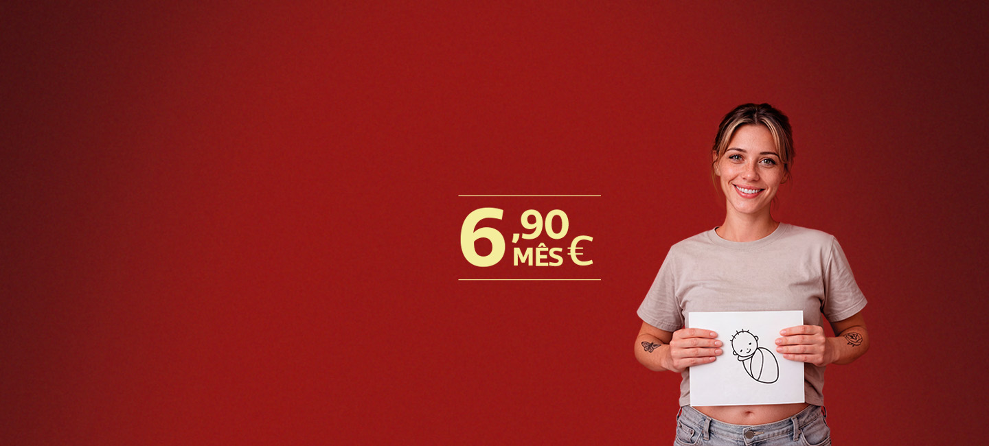 Rapariga e do lado esquerdo surge o preço do plano em letras grandes 