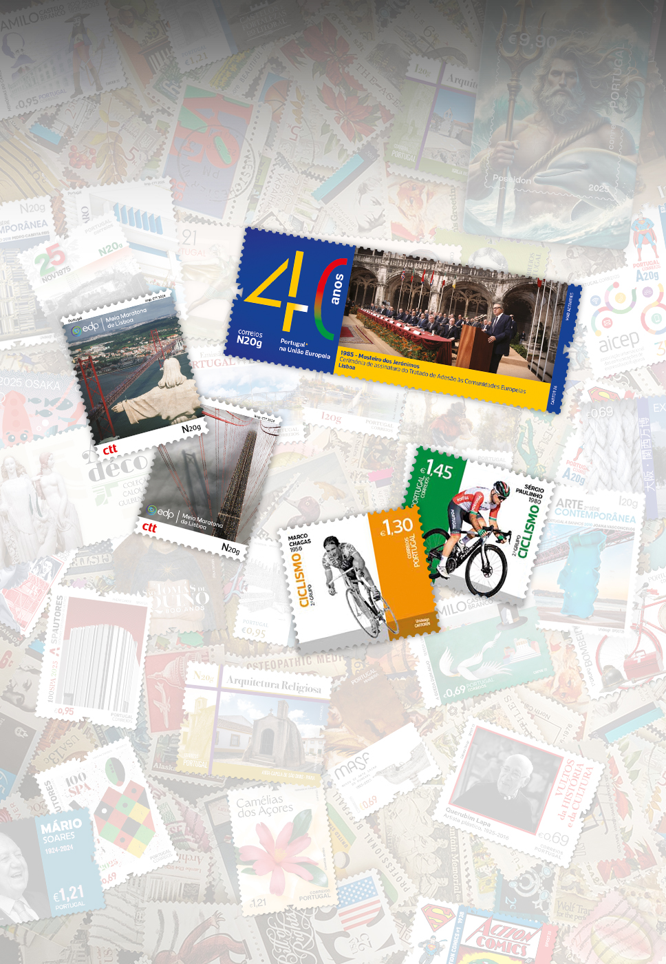 diversos selos e emissões lançados pelos CTT