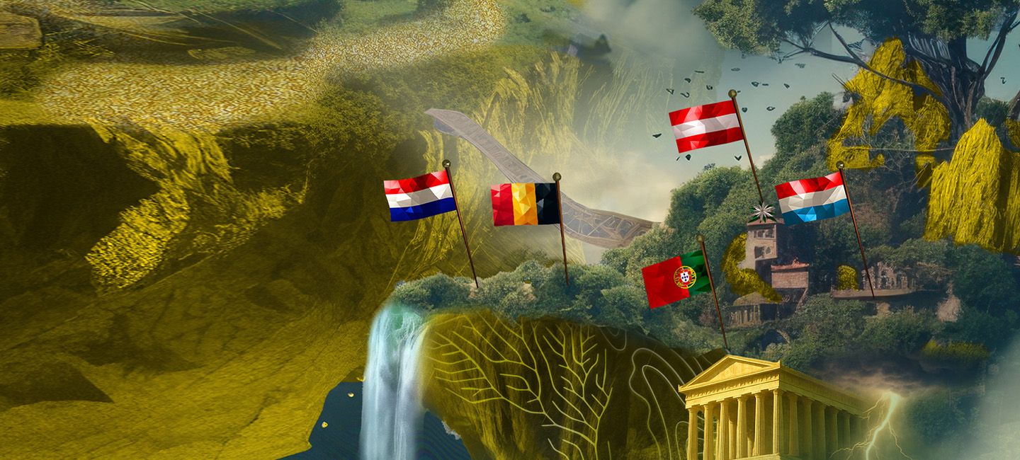 Cinco bandeiras de países  - Países Baixos, Bélgica, Áustria e e Portugal. Uma cascata e no canto inferior direito, há um templo de estilo grego antigo com colunas. Ao fundo, vegetação densa com árvores e edifícios parcialmente visíveis.