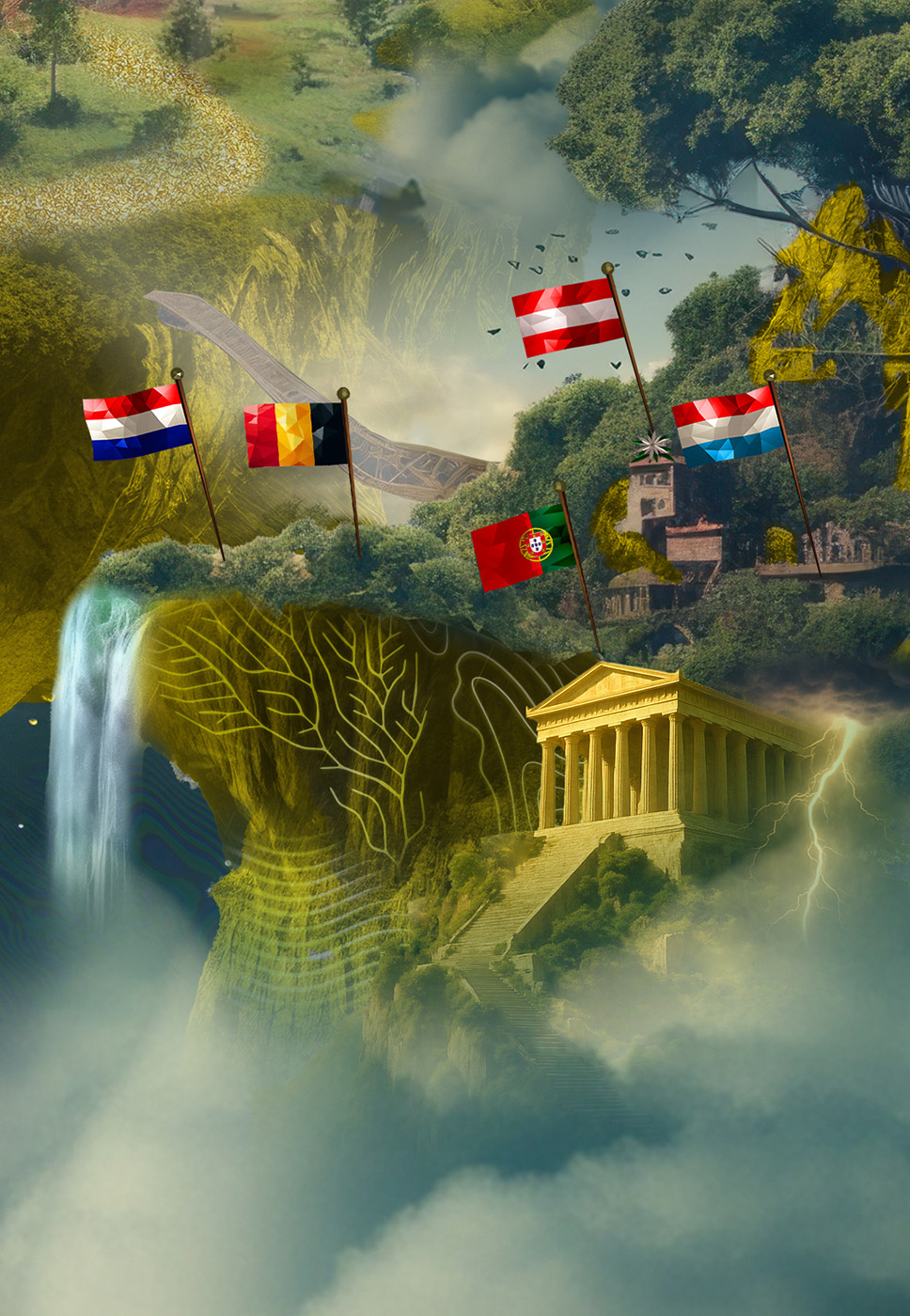 Cinco bandeiras de países  - Países Baixos, Bélgica, Áustria e e Portugal. Uma cascata e no canto inferior direito, há um templo de estilo grego antigo com colunas. Ao fundo, vegetação densa com árvores e edifícios parcialmente visíveis.