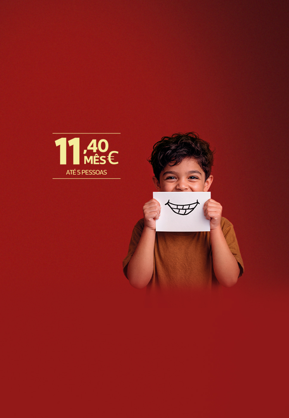 Criança a sorrir e do lado esquerdo surge o preço em grande 