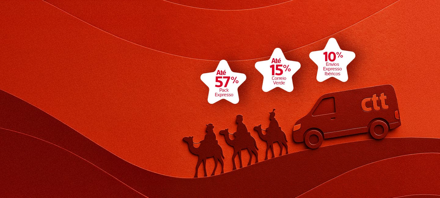 Imagem com fundo vermelho ondulado. À esquerda, três silhuetas de camelos e respetivos reis magos. À direita, uma carrinha vermelha com “ctt”. Acima, três estrelas brancas com descontos:  “Até 57% Pack Expresso” “Até 15% Correio Verde” “10% Envios Expresso Ibéricos”