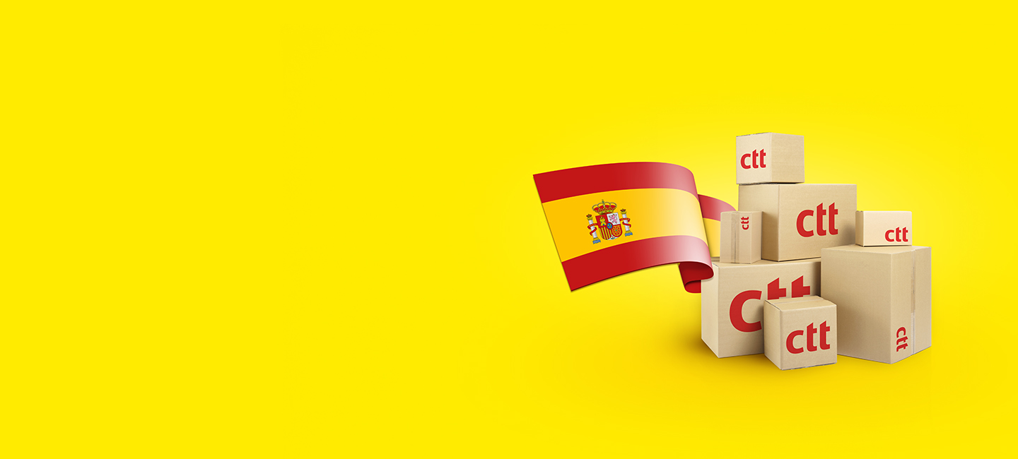 Imagem ilustrativa de caixas de encomendas e a bandeira espanhola