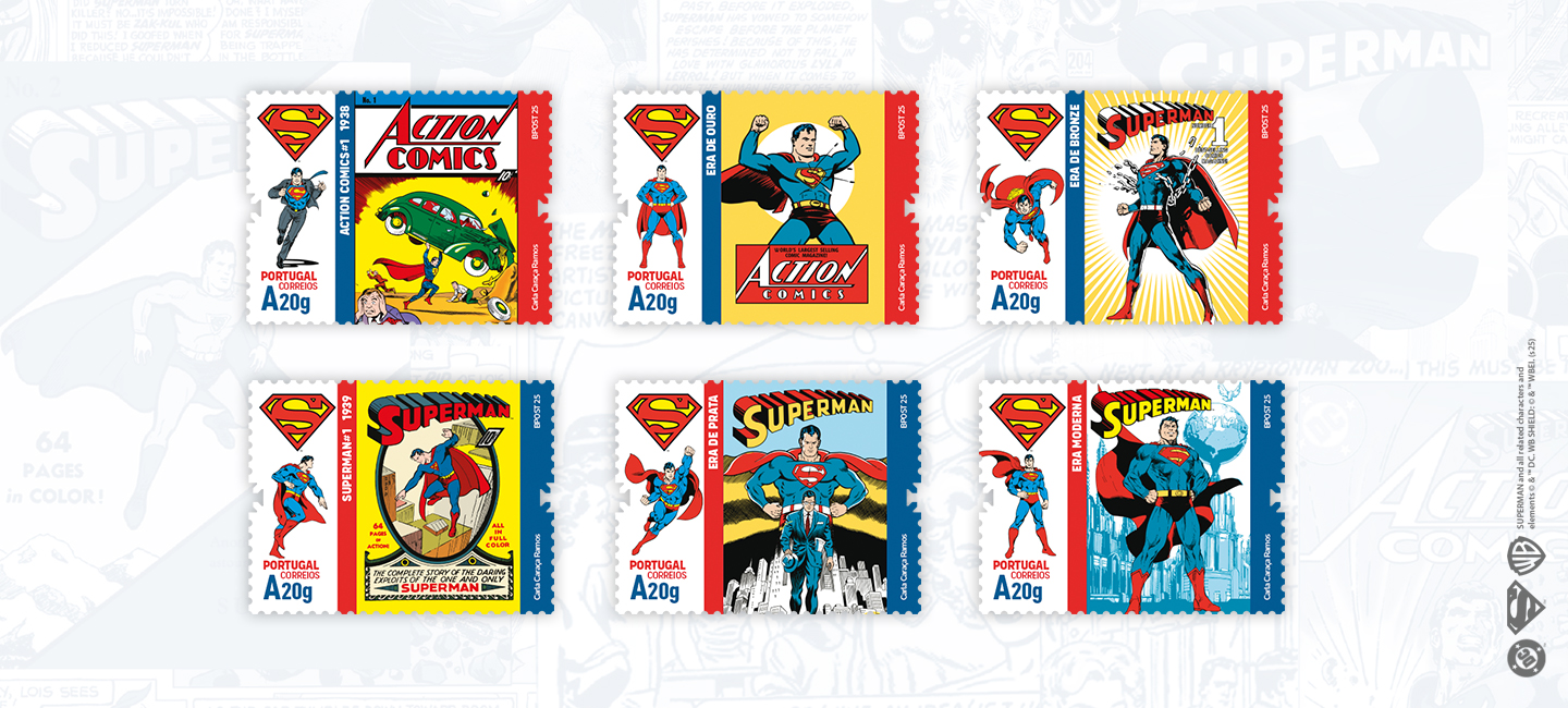 A imagem apresenta uma coleção de seis selos postais com o tema do Superman, cada um com uma ilustração distinta do herói em diferentes poses e estilos artísticos, representando várias eras dos quadrinhos tais como: Action Comics, a voar a levantar um carro