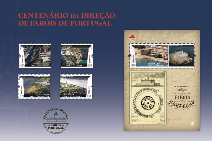Imagem dos selos e booklet da emissão 100 anos da Direção de Faróis