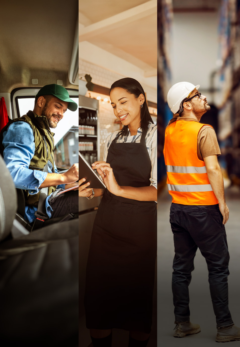 3 indivíduos nos seus trabalhos, protegidos pelos seguros empresas.