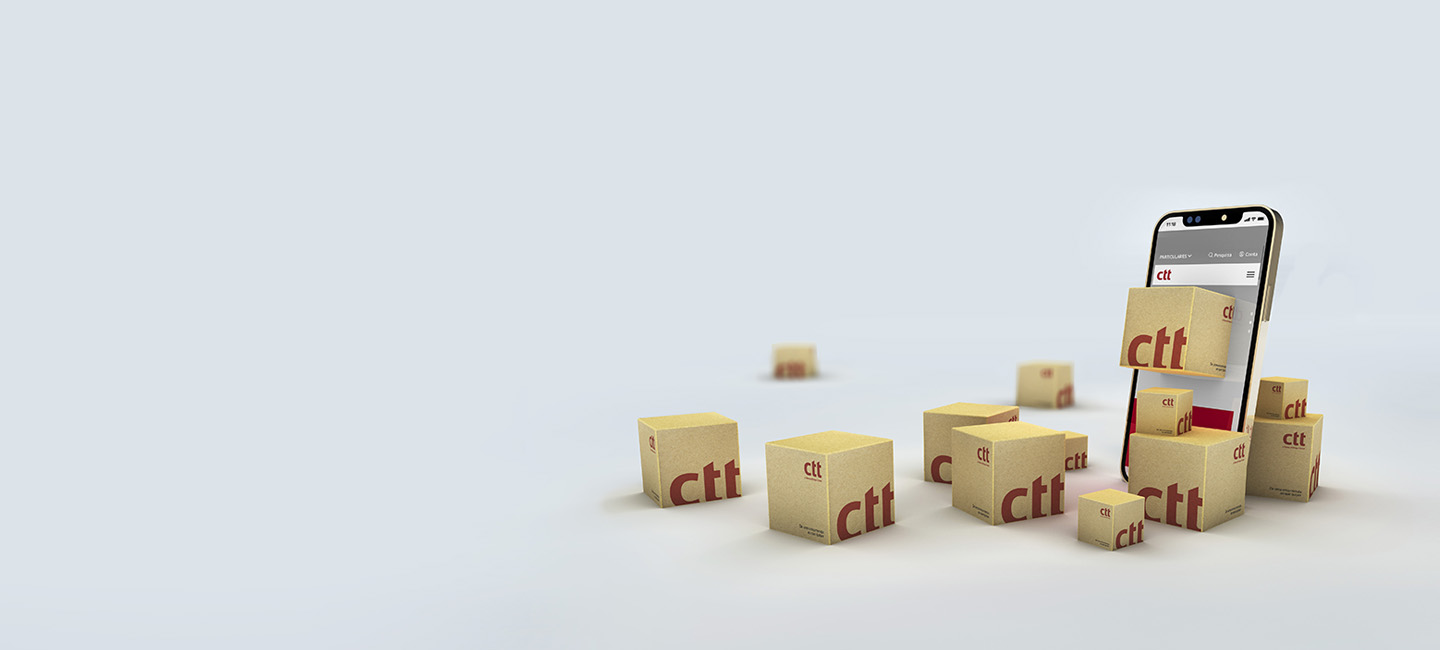 Um telemóvel com caixas de encomendas a sair pelo ecrã, ilustrando os Envios Online.