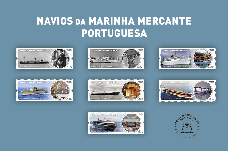 Imagem dos selos e booklet da emissão Navios da Marinha Mercante