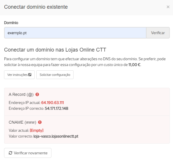 Conectar domínio Lojas Online CTT