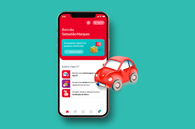 Telemóvel com a App CTT aberta e um ícone de um carro que simboliza a opção de pagamento de portagens na App CTT.
